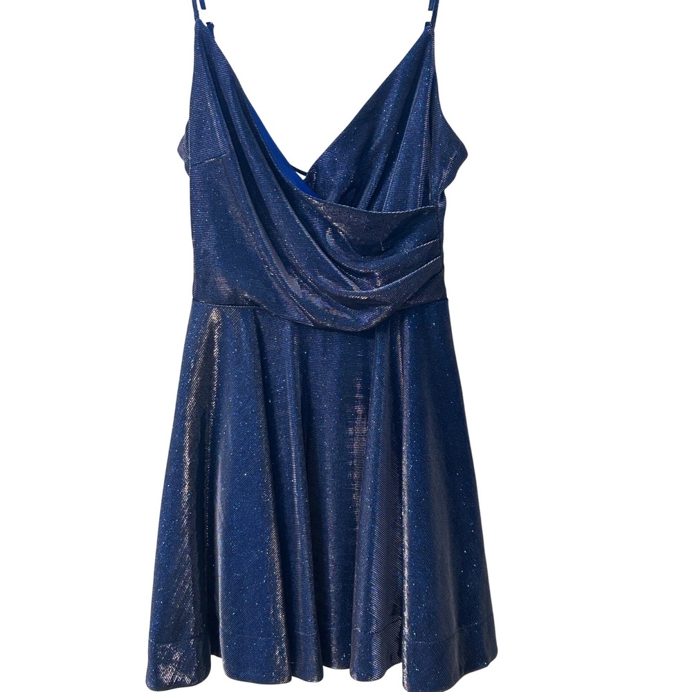 B. Darlin Shimmering Party Dress Strappy Back Cocktail Gown Blue Size 7/8 - Picture 6 of 6